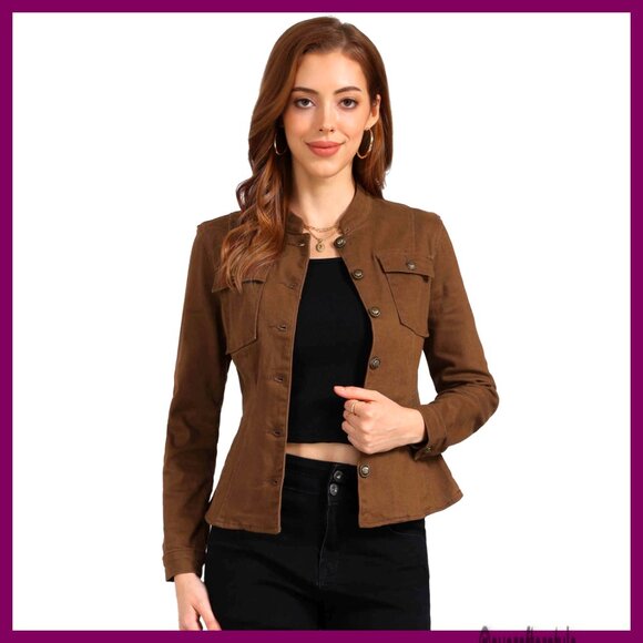 Women's Denim Jacket Classic Stand Collar Long Sleeve Button Front Casual